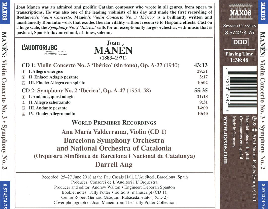 Joan Manèn: Violin Concerto No. 3 'Ibérico'; Symphony No. 2 'Ibérica' cover art