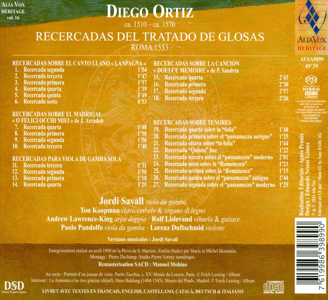 Diego Ortiz: Recercadas del Tratado de Glosas, Roma 1553 cover art