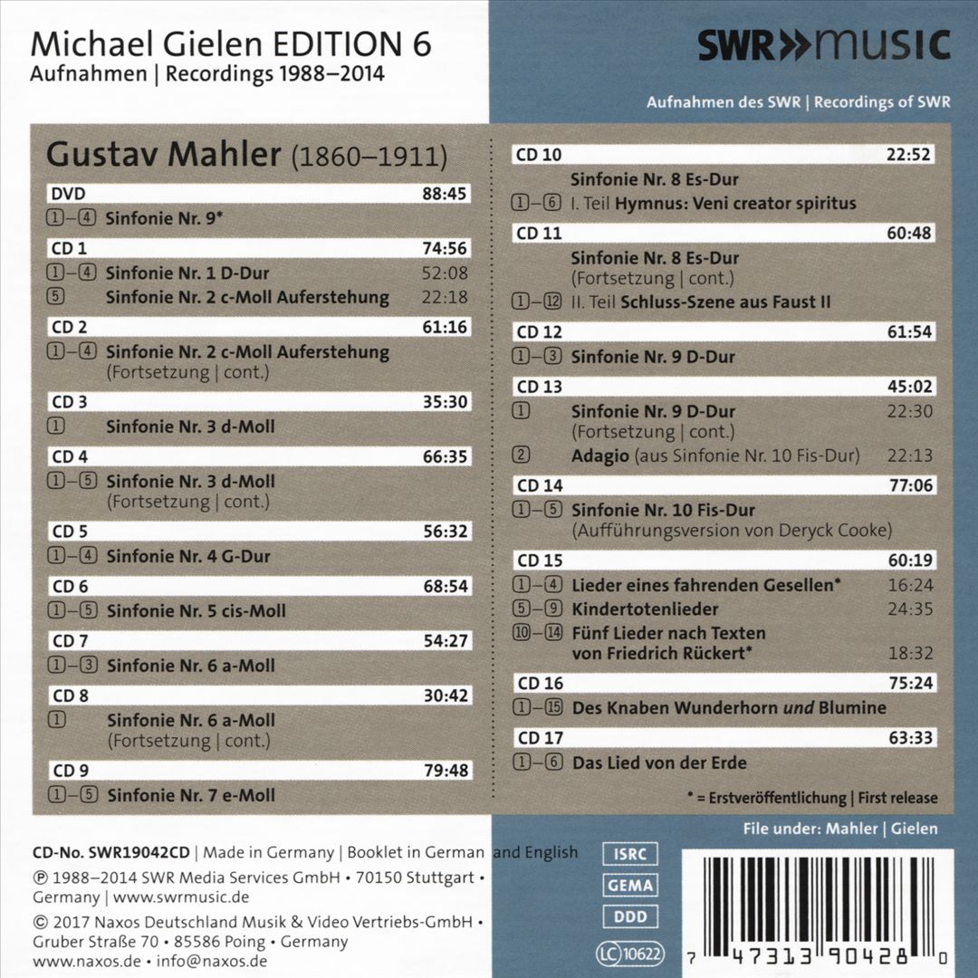 Michael Gielen Edition, Vol. 6: Mahler - Complete Symphonies: Das Lied von der Erde; Des Knaben Wunderhorn; Lieder eines fahrenden; Gesellen; Rückert-Lieder; Kindertotenlieder cover art