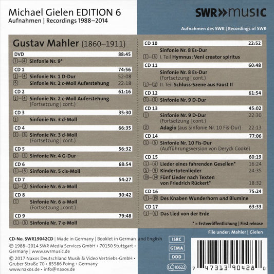 Michael Gielen Edition, Vol. 6: Mahler - Complete Symphonies: Das Lied von der Erde; Des Knaben Wunderhorn; Lieder eines fahrenden; Gesellen; Rückert-Lieder; Kindertotenlieder cover art