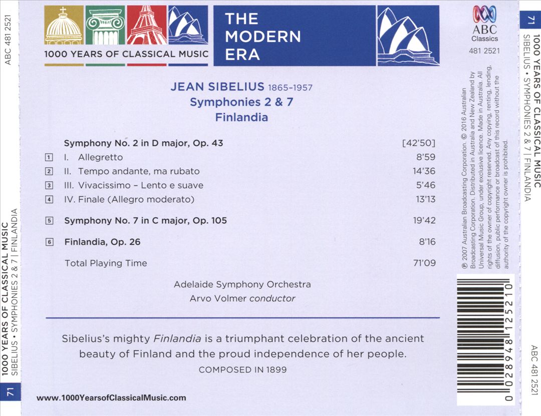 1000 Years of Classical Music, Vol. 71: The Modern Era - Sibelius: Symphonies Nos. 2 & 7; Finlandia cover art
