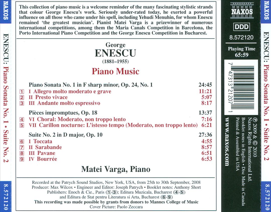 George Enescu: Piano Sonata No. 1; Suite No. 2; Choral & Carillon Nocturne cover art