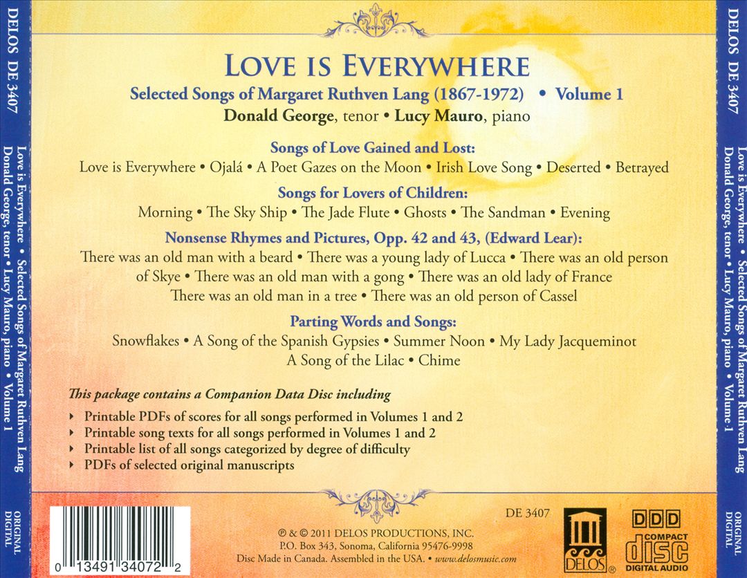 Love Is Everywhere: Selected Songs of Margaret Ruthven Lang, Vol. 1 [Includes Companion Data Disc] cover art