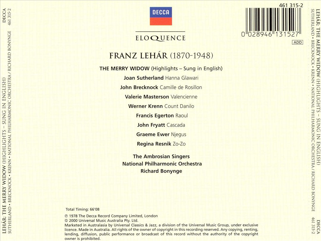 Lehár: The Merry Widow (Highlights) (Sung In English) cover art