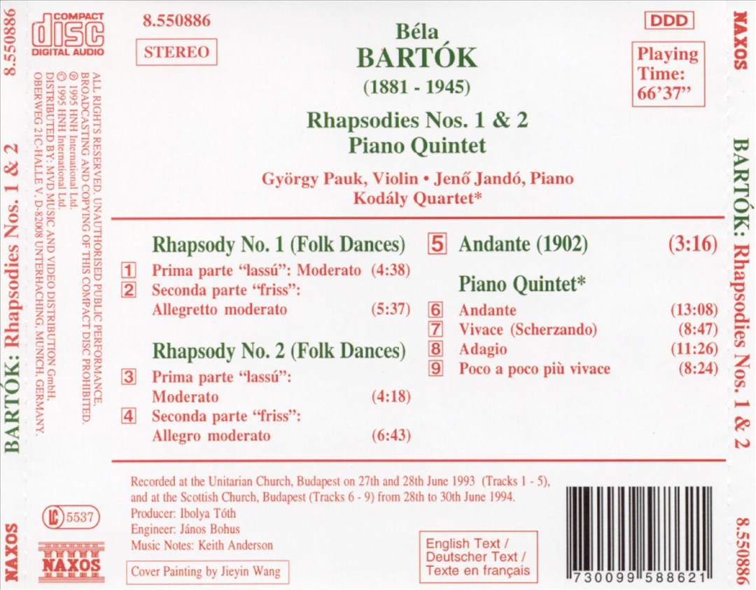 Bartók: Rhapsodies Nos. 1 & 2; Piano Quintet cover art