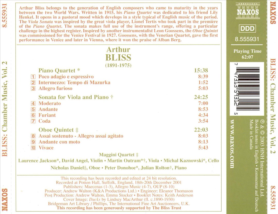 Arthur Bliss: Chamber Music, Vol. 2 cover art