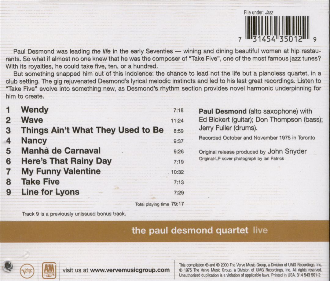 Paul Desmond Quartet Live cover art