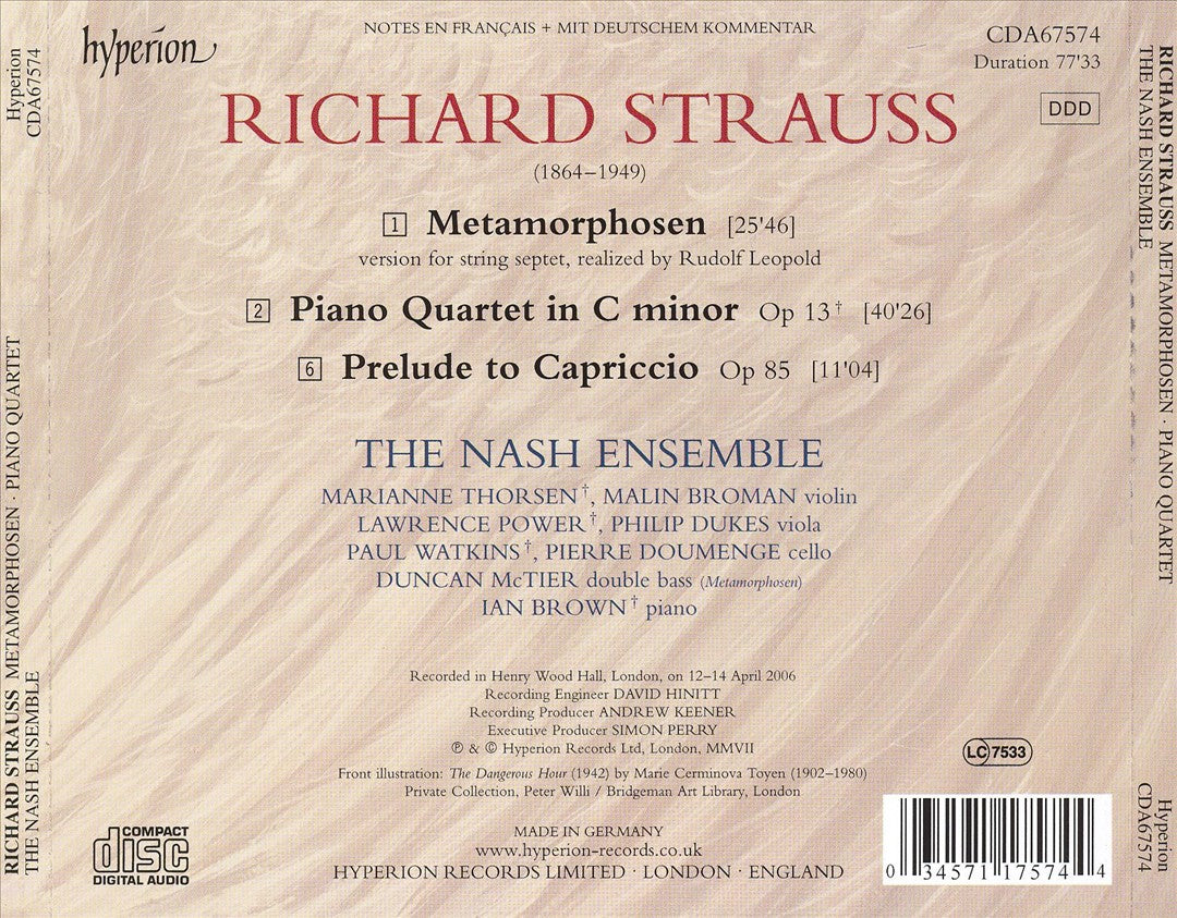 Strauss: Metamorphosen; Capriccio; Piano Quartet cover art