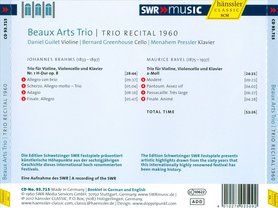 Beaux Arts Trio: Trio Recital 1960 - Johannes Brahms, Maurice Ravel cover art