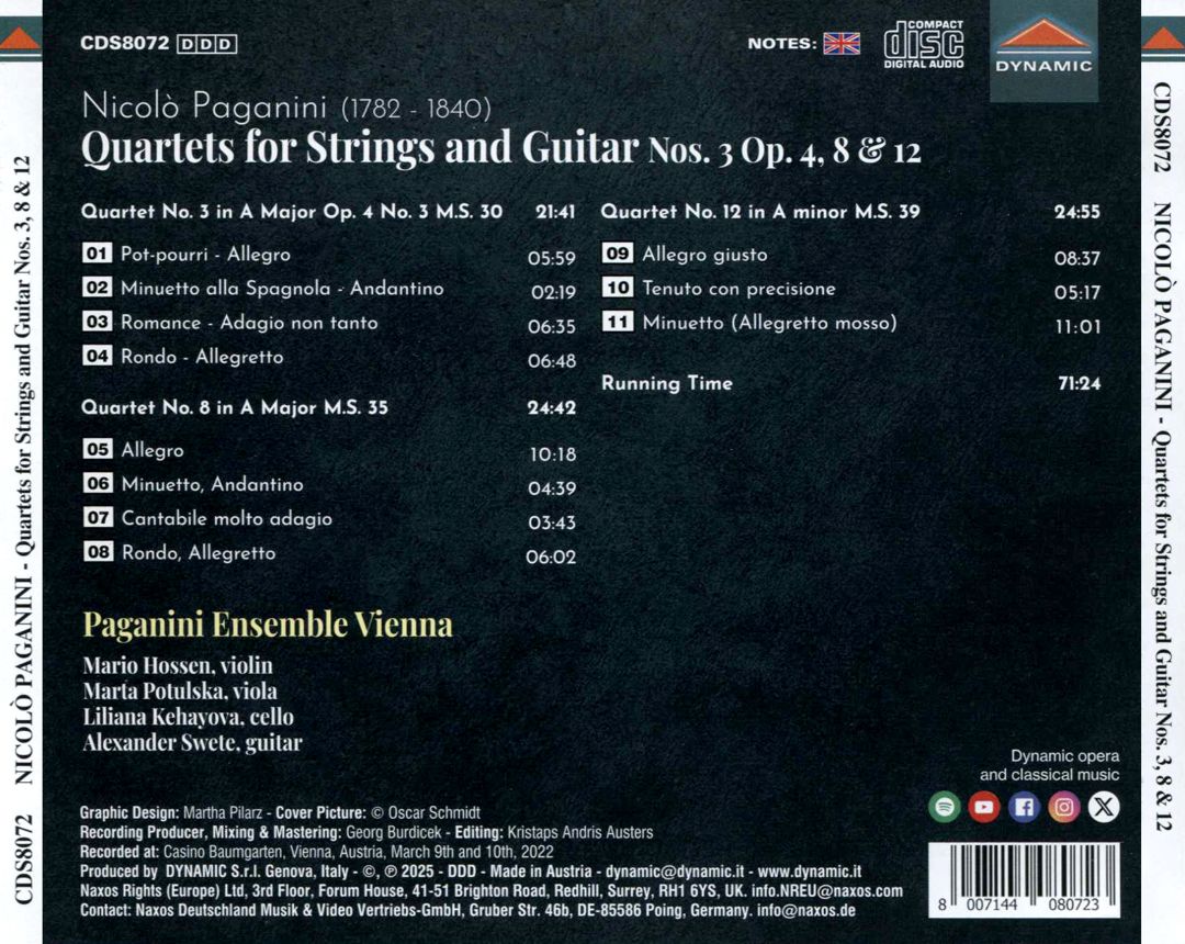 Paganini: Quartets for Strings and Guitar Nos. 3, 8 & 12 cover art