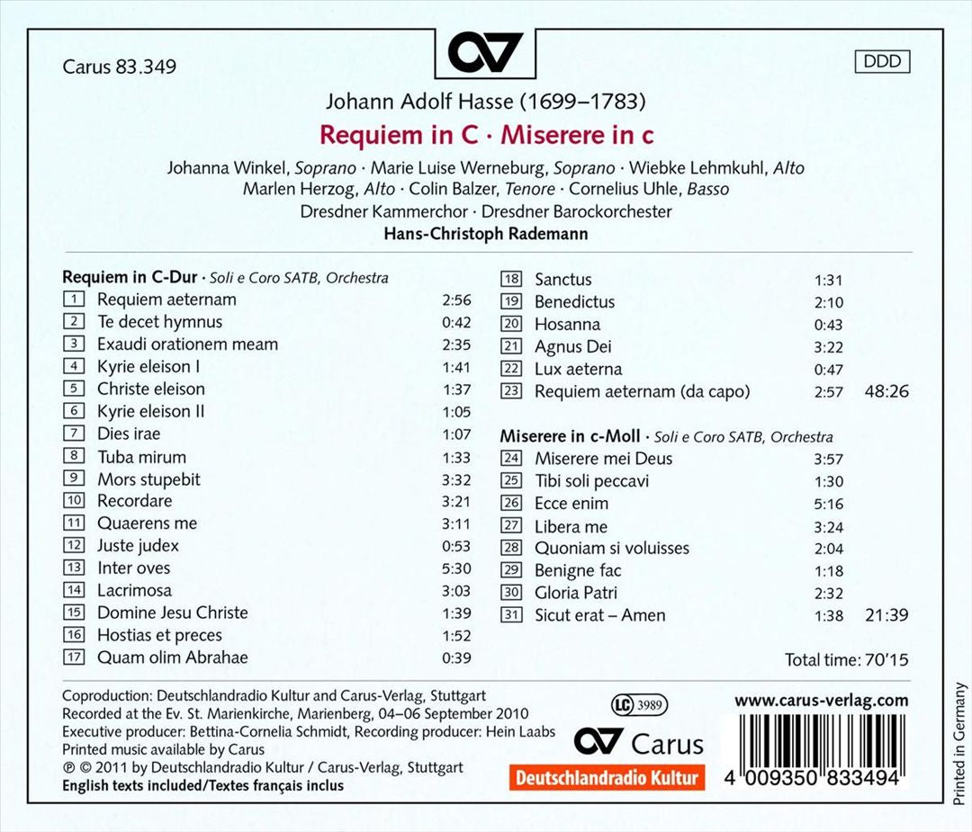 Johann Adolf Hasse: Requiem in C cover art