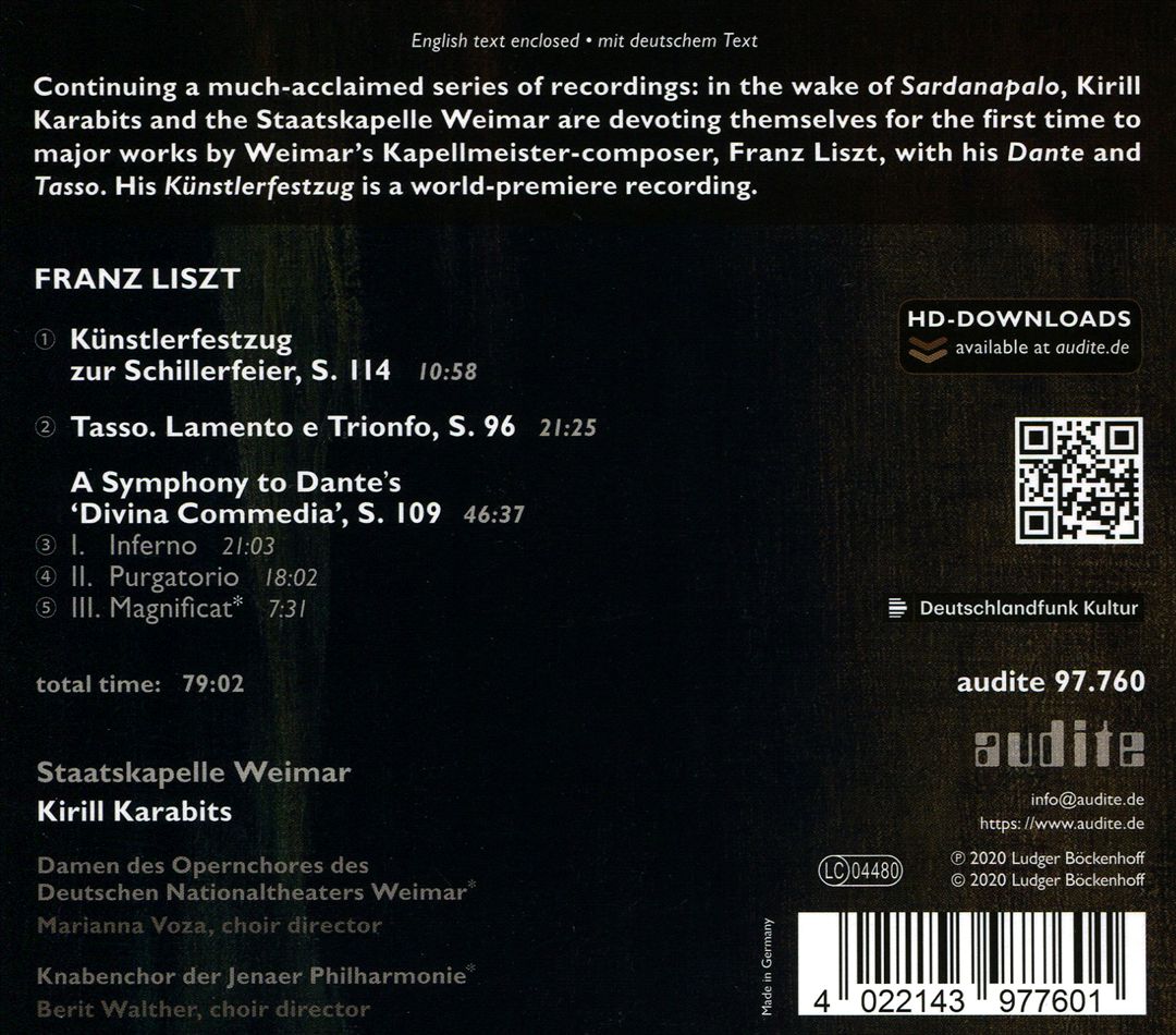 Franz Liszt: Dante Symphony; Tasso Lamento e Trionfo; Künstlerfestzug cover art
