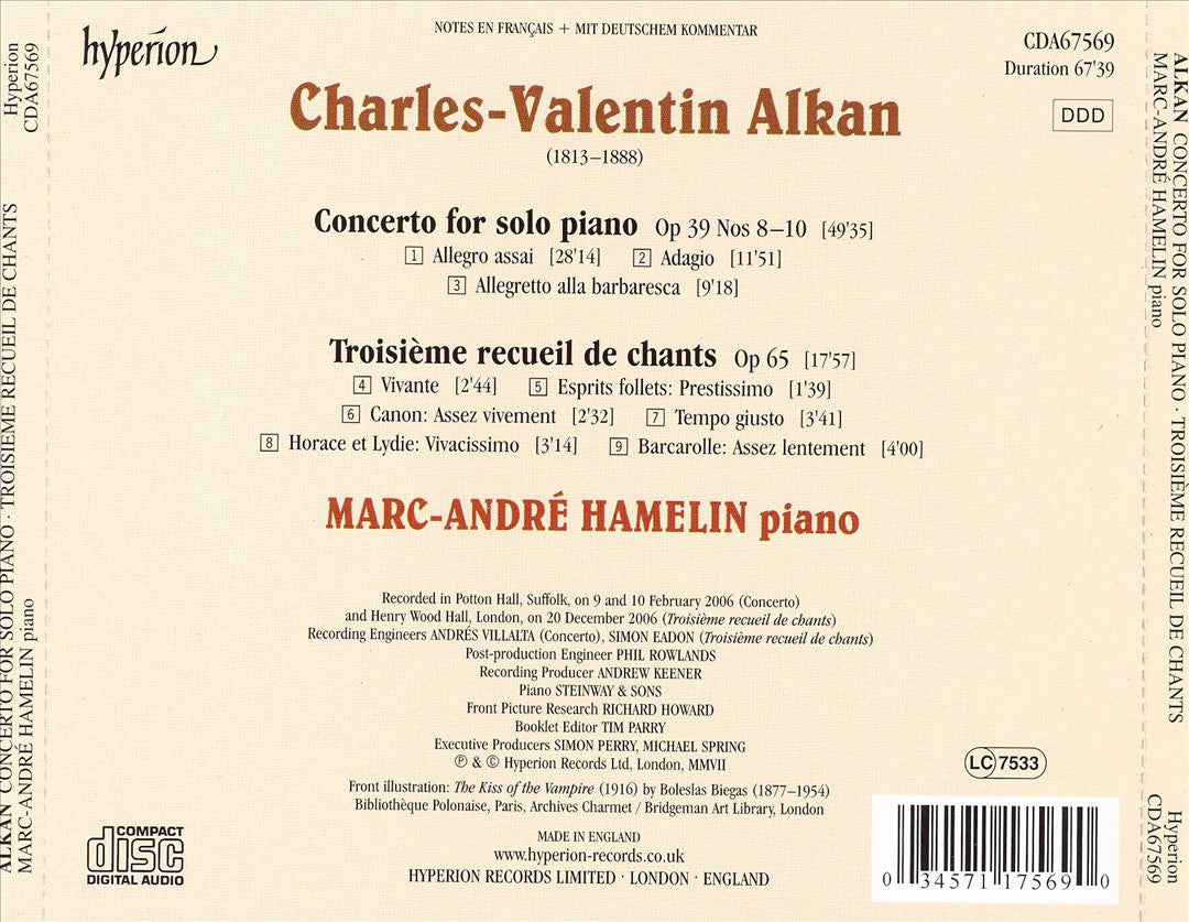 Alkan: Concerto for solo piano; Troisième recueil de chants cover art