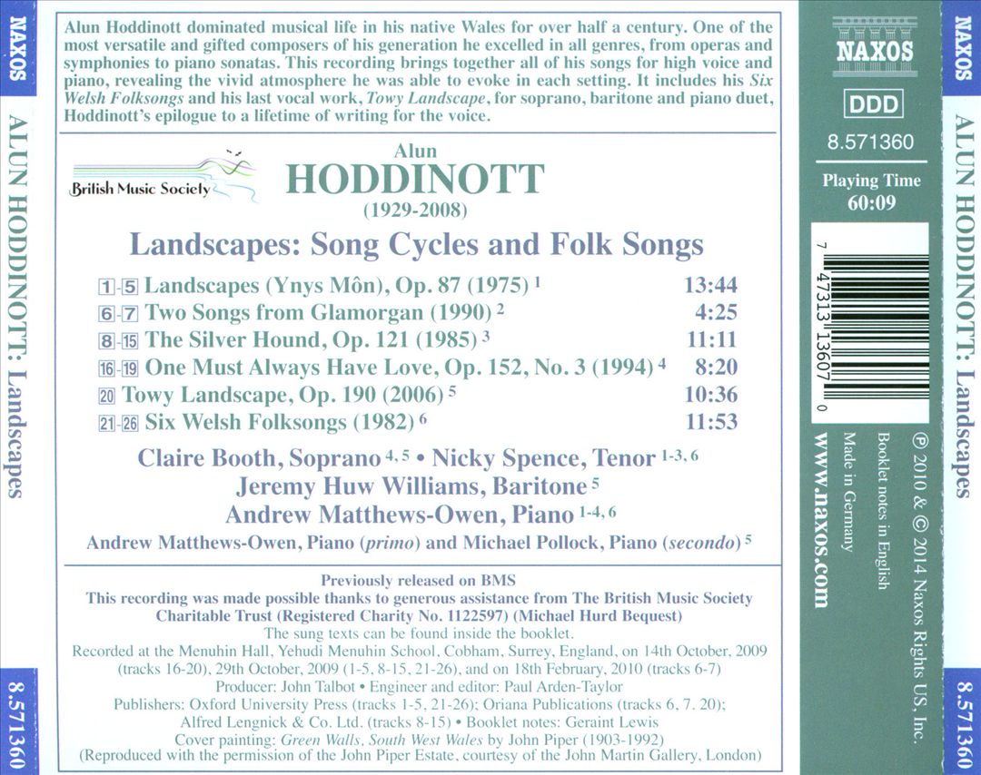 Alun Hoddinott: Landscapes; Song Cycles and Folk Songs cover art