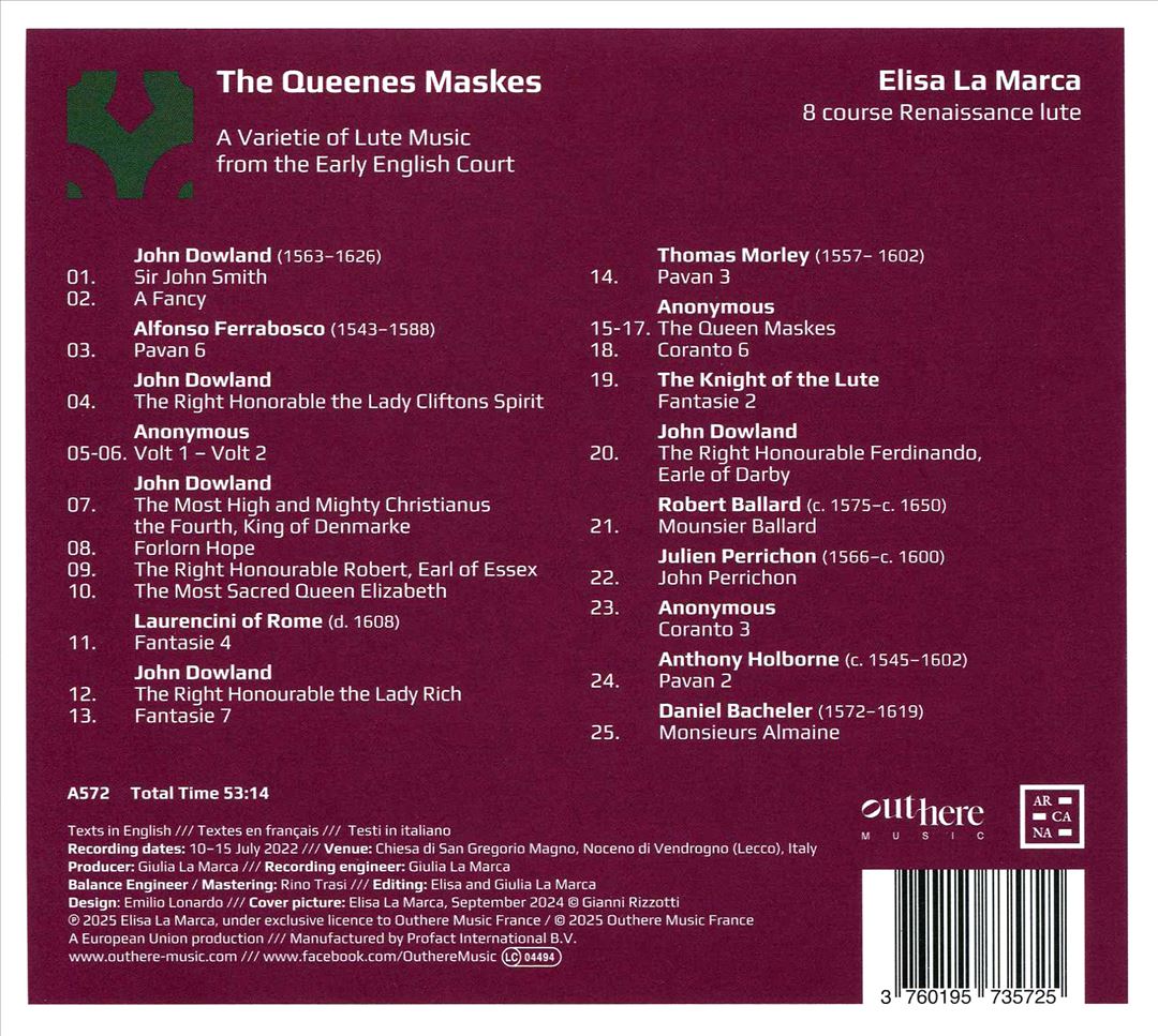 Queenes Maskes: A Varietie of Lute Music from the early English Court cover art