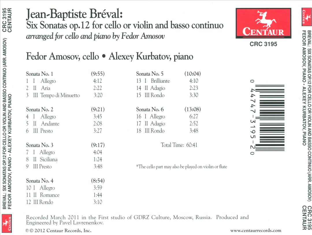 Jean-Baptiste Bréval: Six Sonatas, Op. 12 for Cello or Violin and Basso Continuo cover art