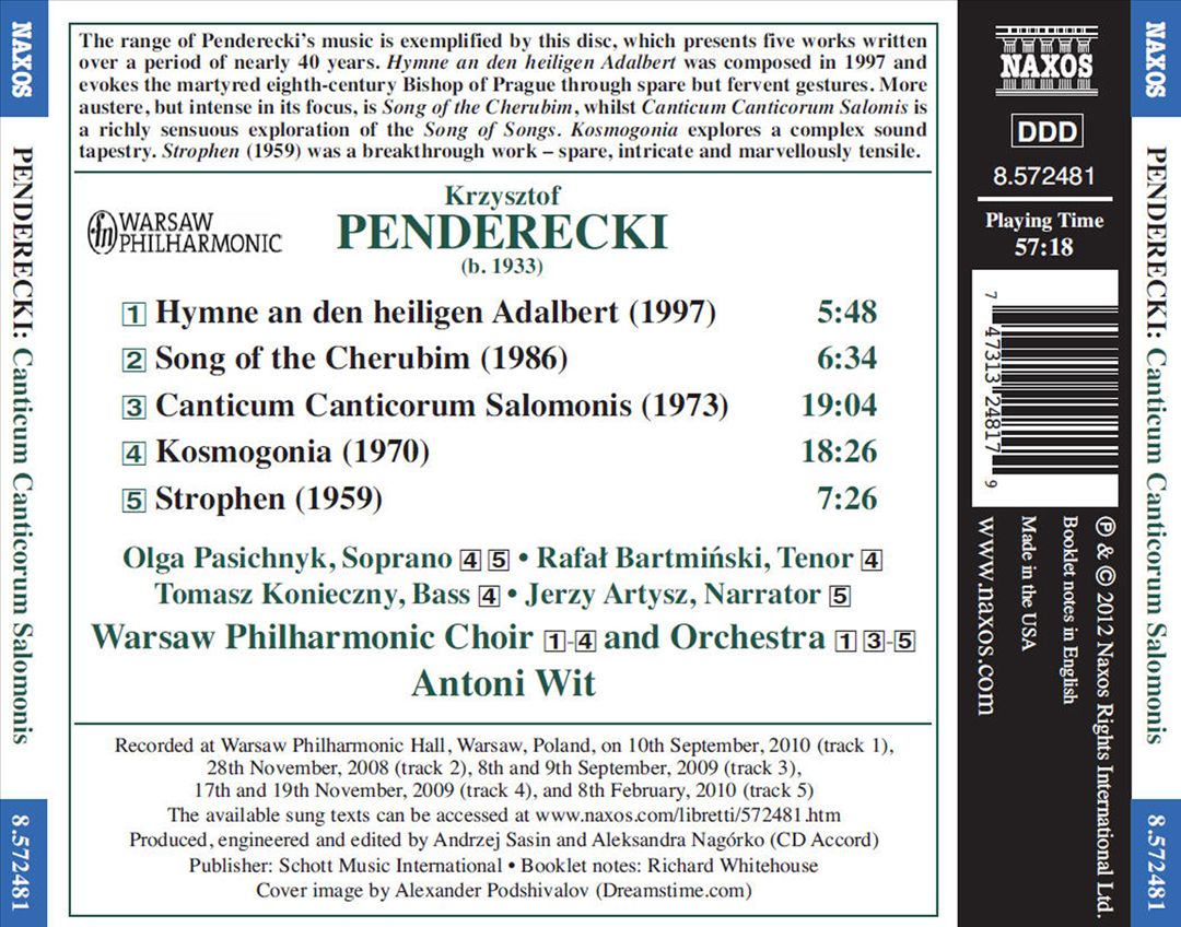 Krzysztof Penderecki: Cantcum Canticorum Salomonis; Kosmogonia cover art