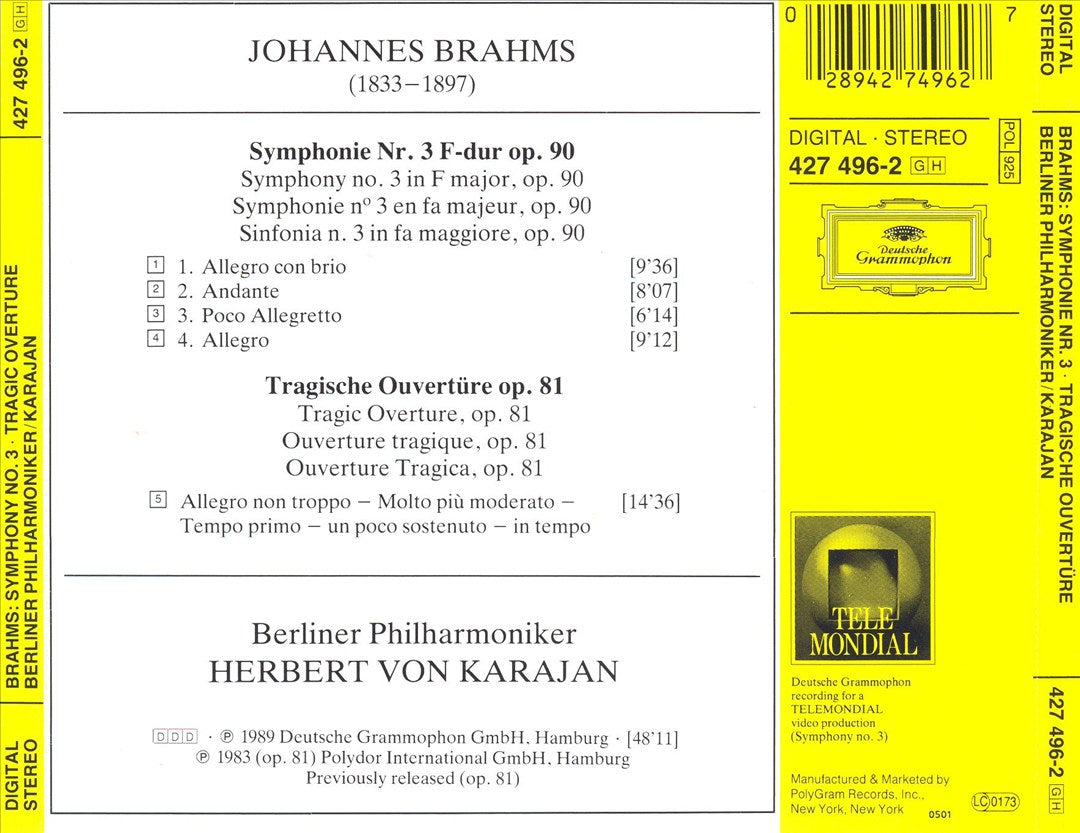 Brahms: Symphonie No. 3; Tragische Ouvertüre cover art