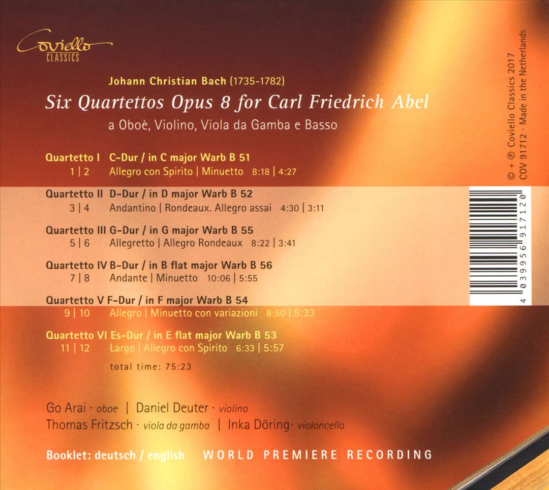 Johann Christian Bach: Six Quartettos Op. 8 for Carl Friedrich Abel cover art