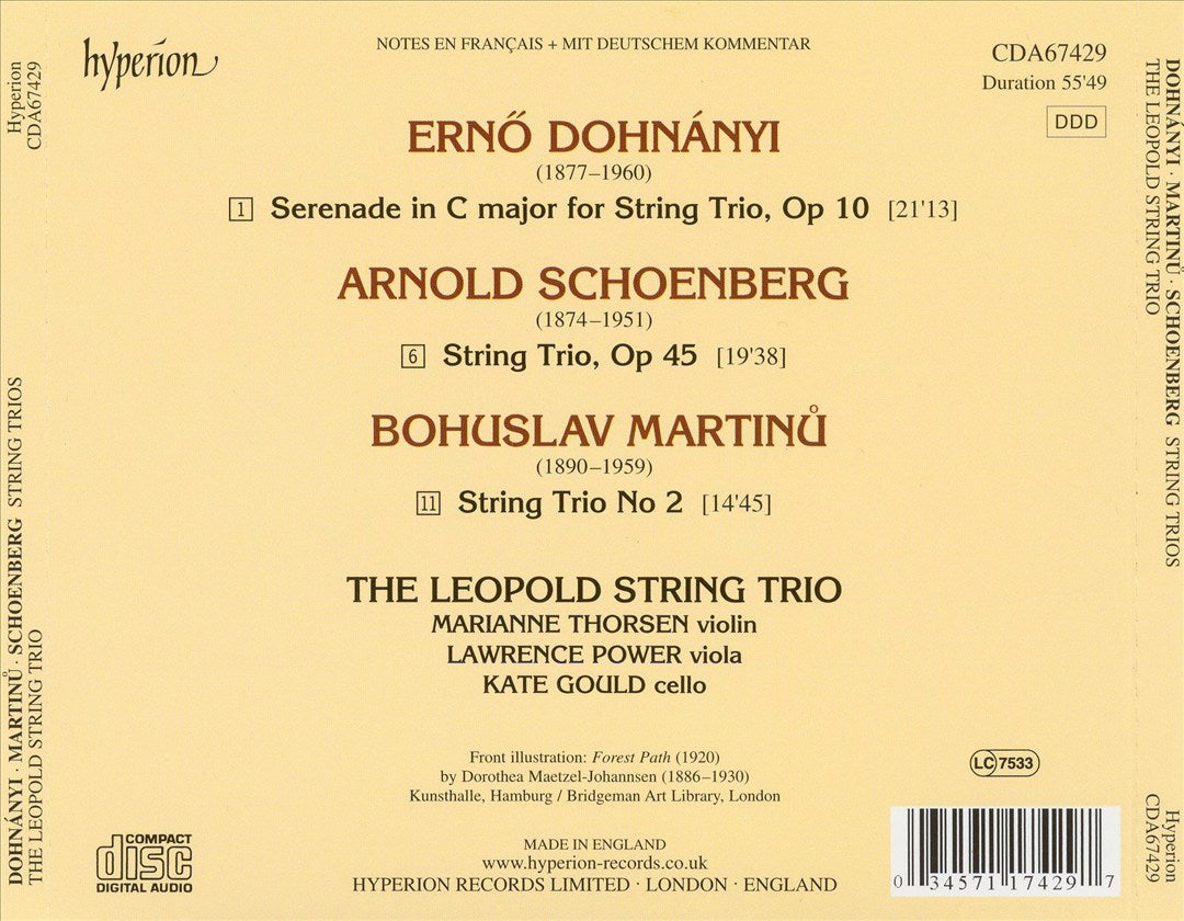 Dohnányi: Serenade, Op. 10; Martinu: String Trio No. 2; Schoenberg: String Trio, Op. 45 cover art