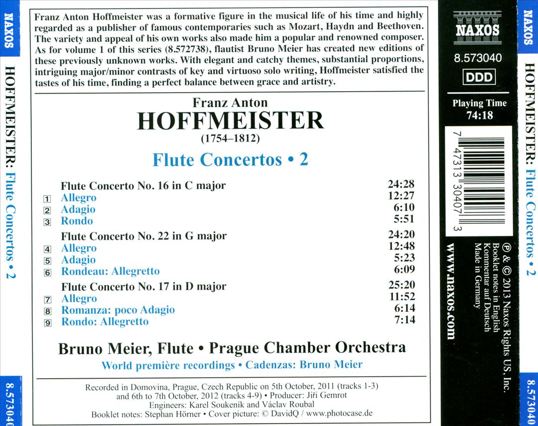Franz Anton Hoffmeister: Flute Concertos, Vol. 2 cover art