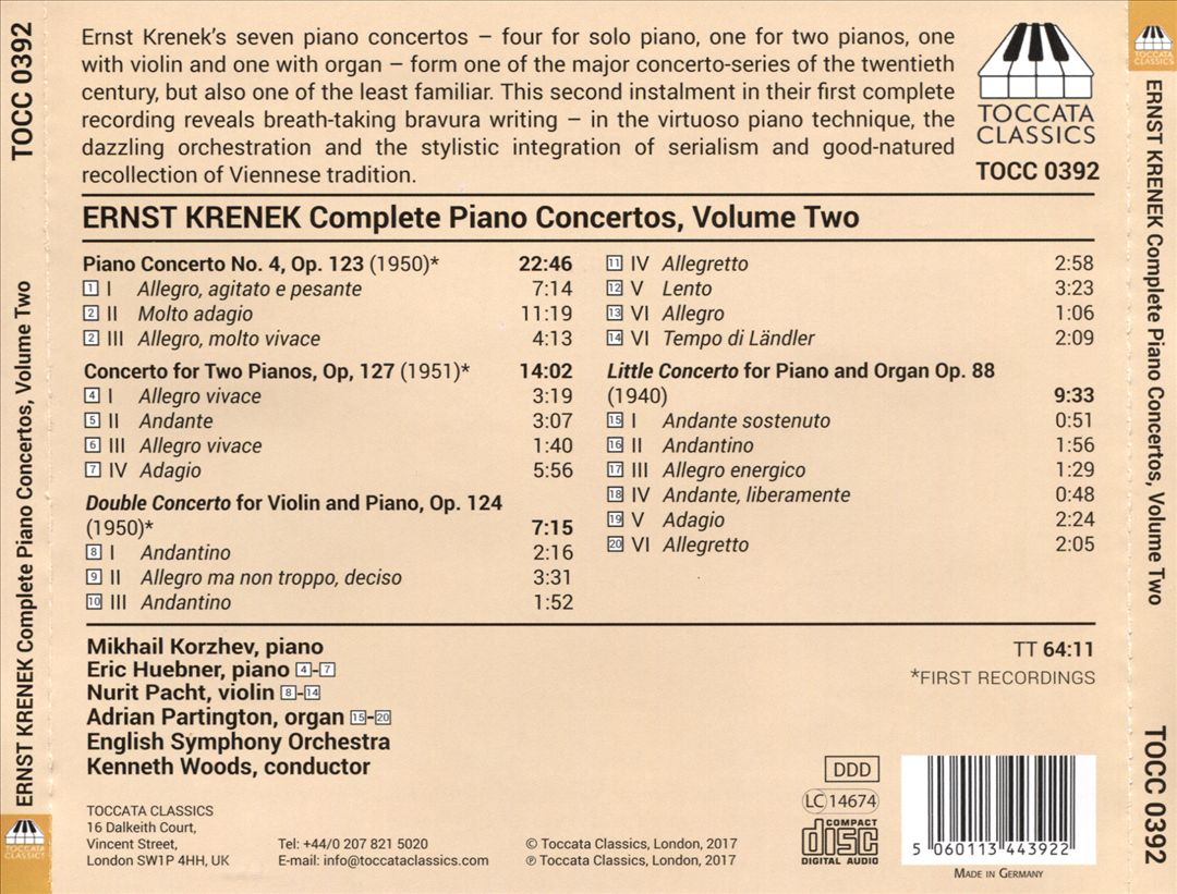 Ernst Krenek: Complete Piano Concertos, Vol. 2 cover art
