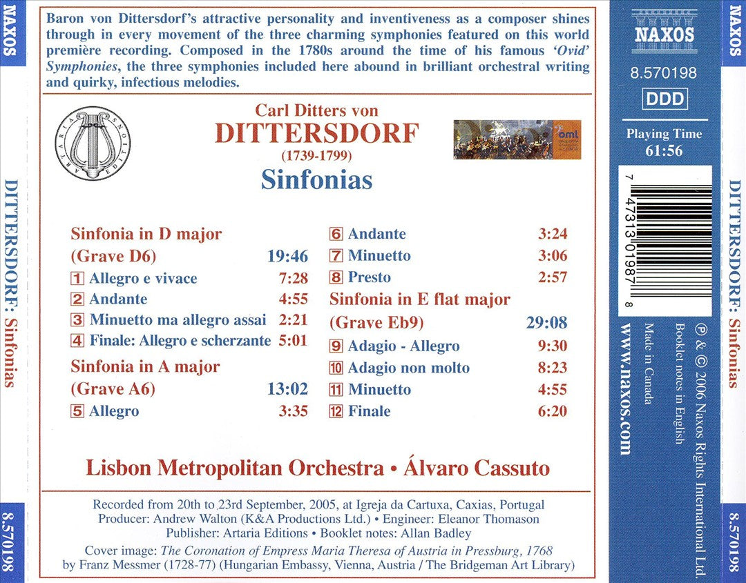 Dittersdorf: Sinfonia in D major; Sinfonia in E flat major; Sinfonia in A major cover art