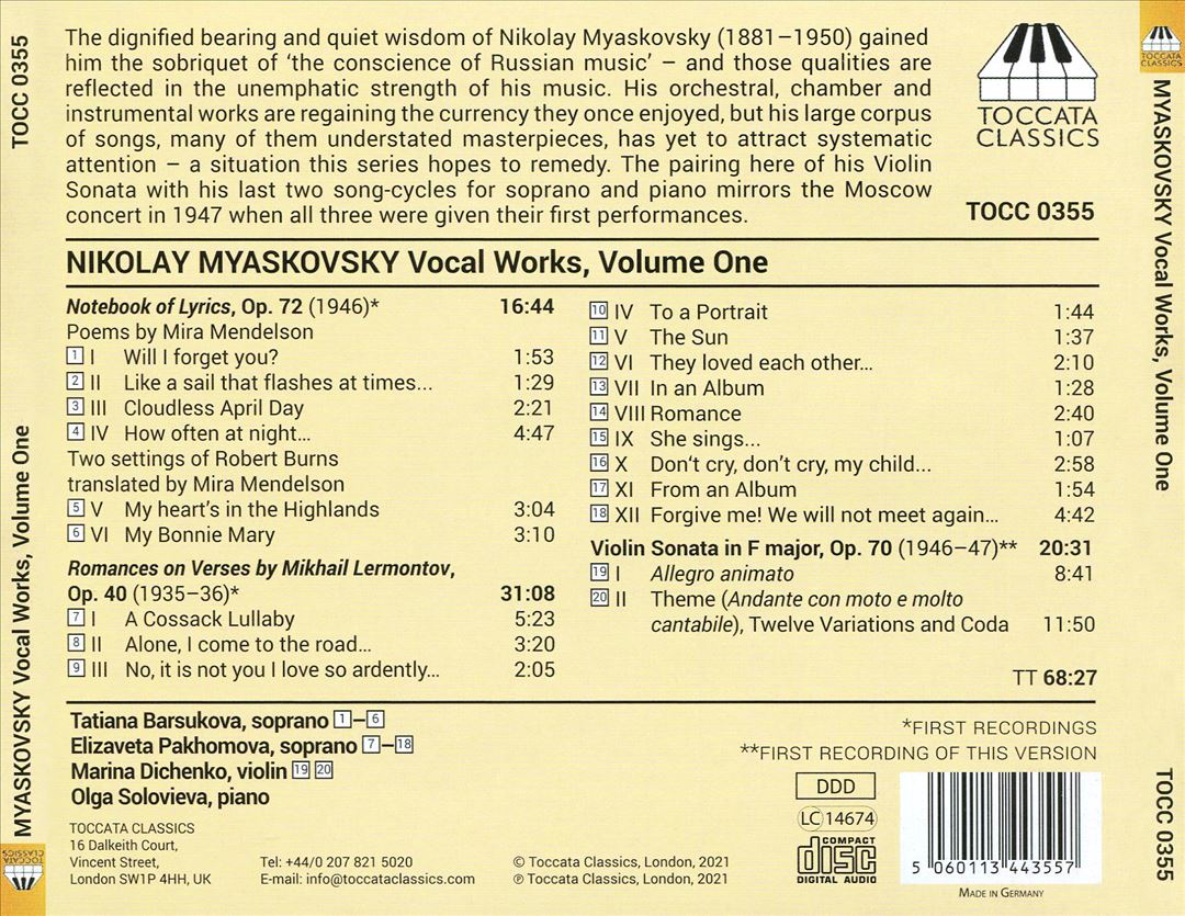 Nikolay Myaskovsky: Vocal Works, Vol. 1 cover art