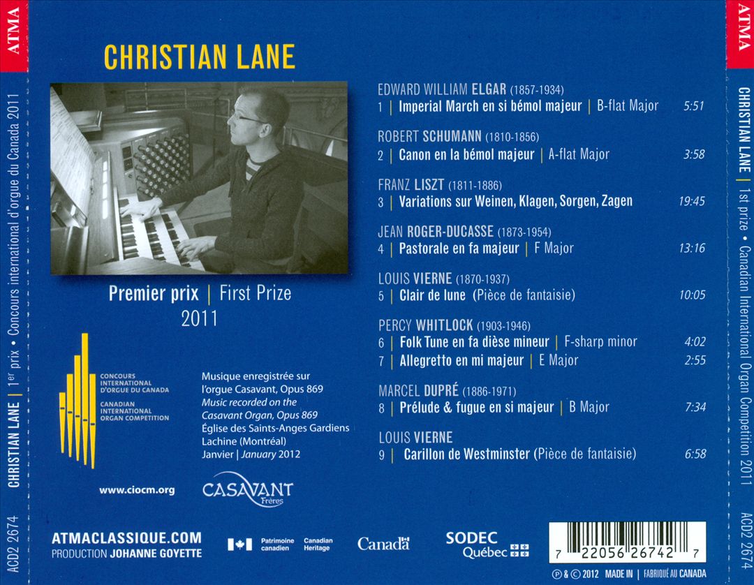 Christian Lane plays Elgar, Schumann, Liszt, Roger-Ducasse, Vierne, Whitlock, Dupré cover art