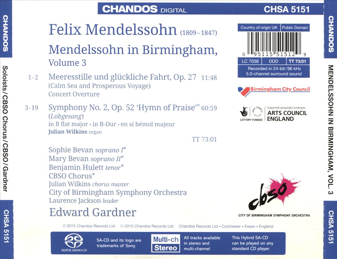 Mendelssohn in Birmingham, Vol. 3: Symphony No. 2 'Hymn of Praise'; Calms Sea and Prosperous Voyage cover art