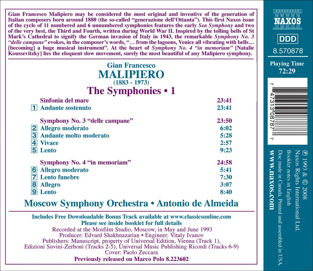 Gian Francesclo Malipiero: Symphonies Nos. 3 & 4; Sinfonia del mare cover art