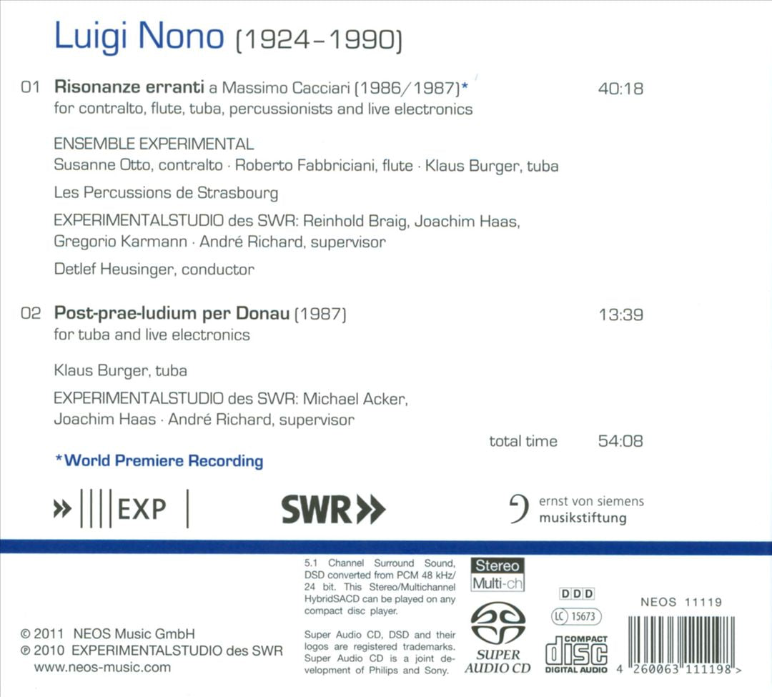 Luigi Nono: Risonanze erranti; Post-prae-ludium per Donau cover art