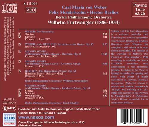 Furtwangler, Vol. 3: The Early Recordings - Weber, Mendelssoh, Berlioz cover art
