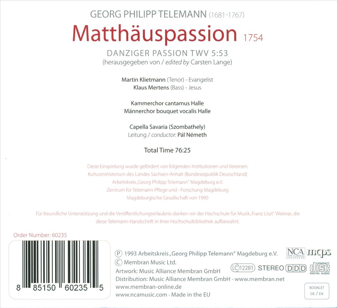 Telemann: St. Matthew Passion, 1754 cover art