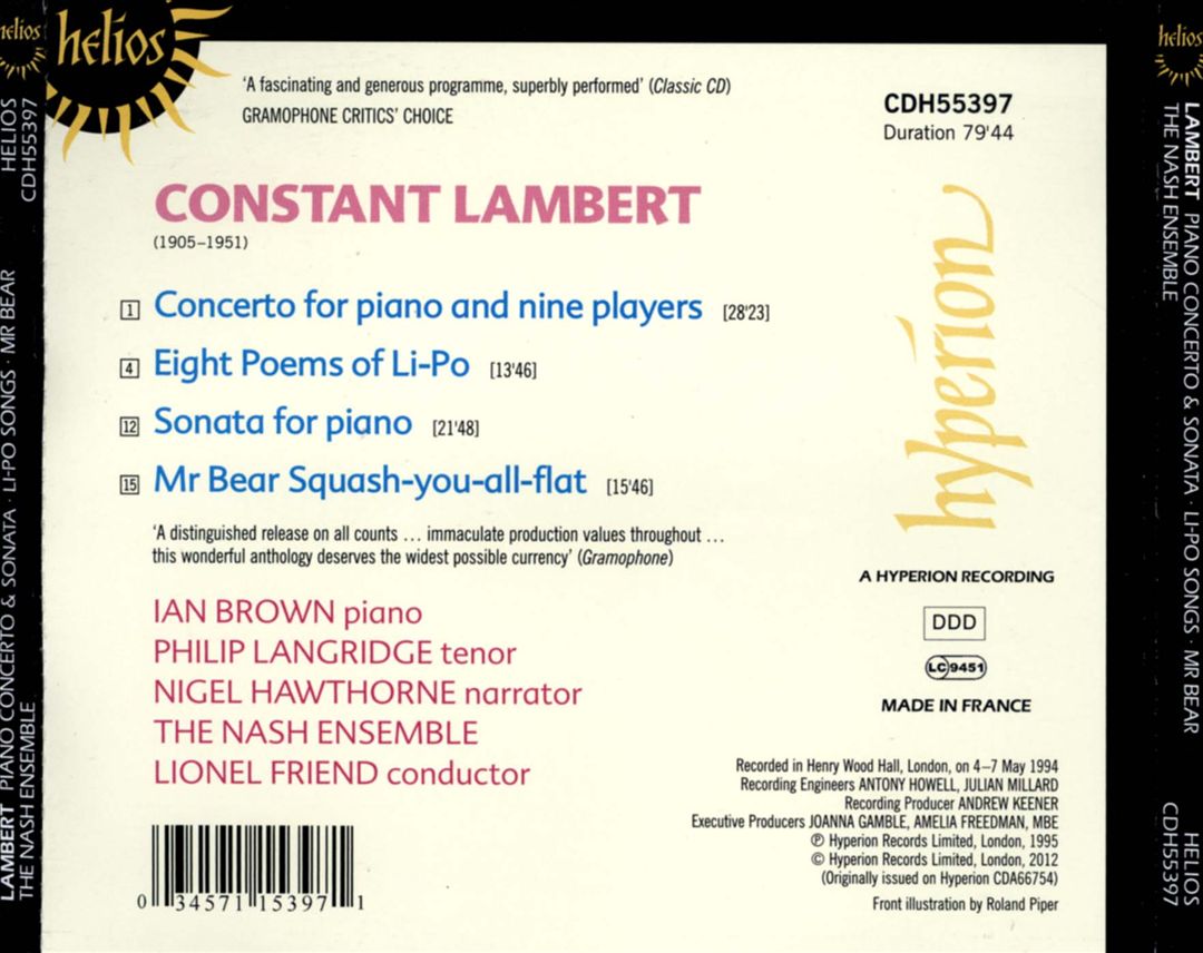 Constant Lambert: Piano Concerto; Piano Sonata; Eight Poems of Li-Po; Mr. Bear Squash-you-all-flat cover art