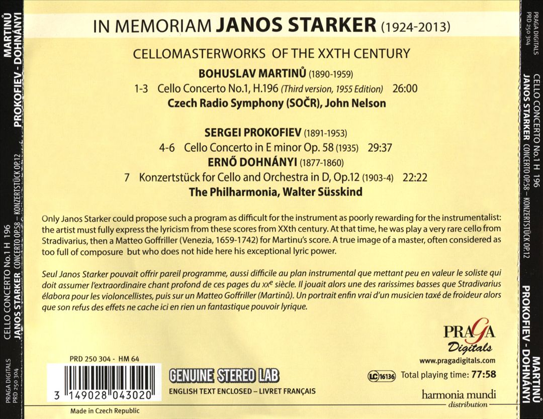 In Memoriam János Starker: Martinu - Cello Concerto No. 1, H 196; Prokofiev - Cello Concerto, Op. 58; Dohnányi - Konzertstück Op. 12 cover art