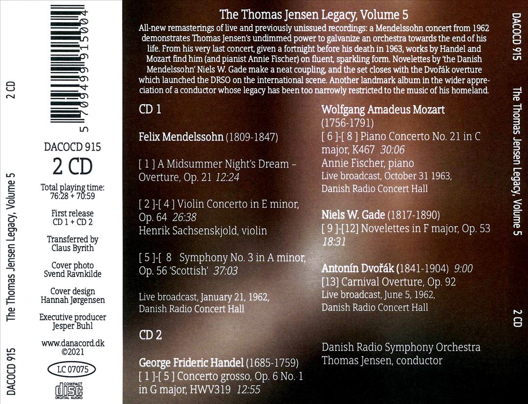 Thomas Jensen Legacy, Vol. 5: Mendelssohn, Mozart, Handel, Dvořák, Gade cover art