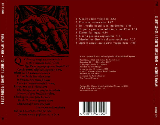 Michael Nyman: 8 Lust Songs (I Sonetti Lussuriosi) cover art