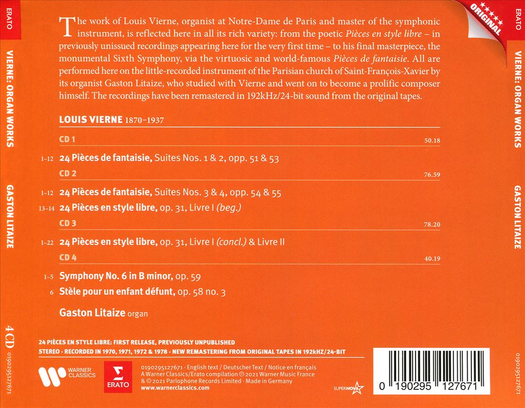 Louis Vierne: 24 Pièces de fantaisie; 24 Pièces en style libre; Symphonie No. 6; Triptyque No. 3 cover art