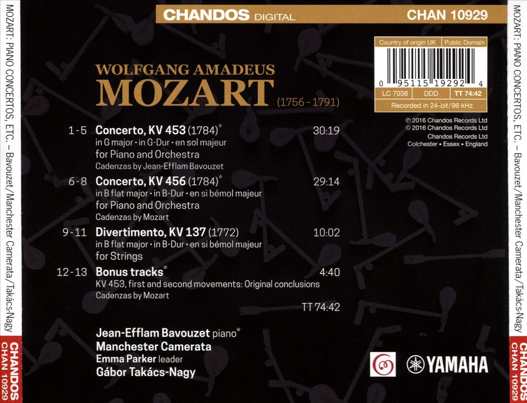 Mozart: Piano Concerto in G major, KV 453; Piano Concerto in B flat major, KV 456; Divertimento in B flat major, KV 137 cover art