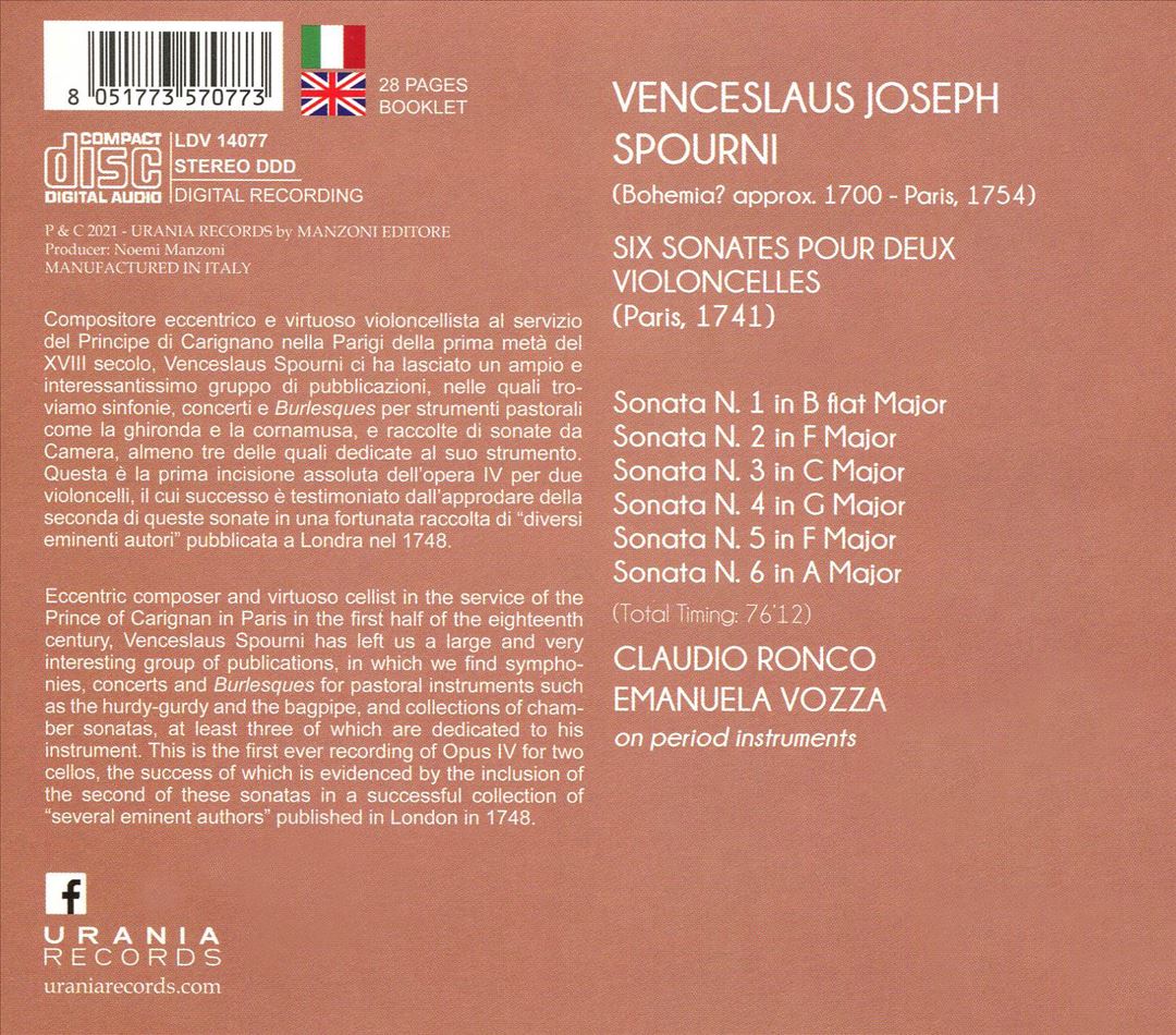 Venceslaus Joseph Spourni: Six Sonatas for Two Cellos cover art