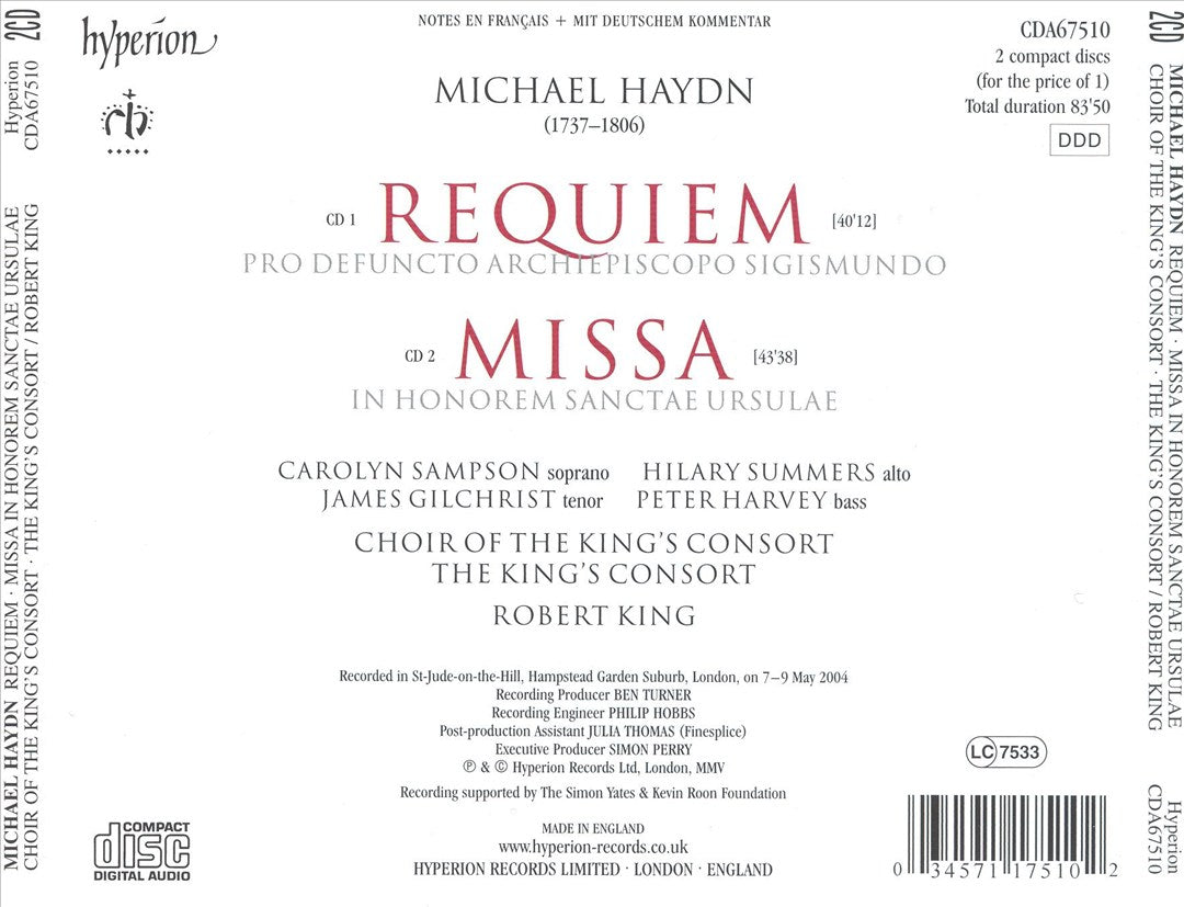 Michael Haydn: Requiem; Missa in Honorem Sanctae Ursulae cover art