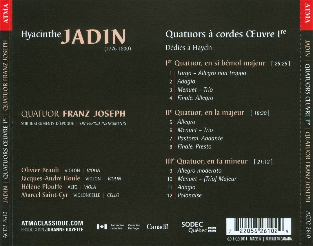 Hyacinthe Jadin: Quatuors a Cordes, Op. 1 cover art