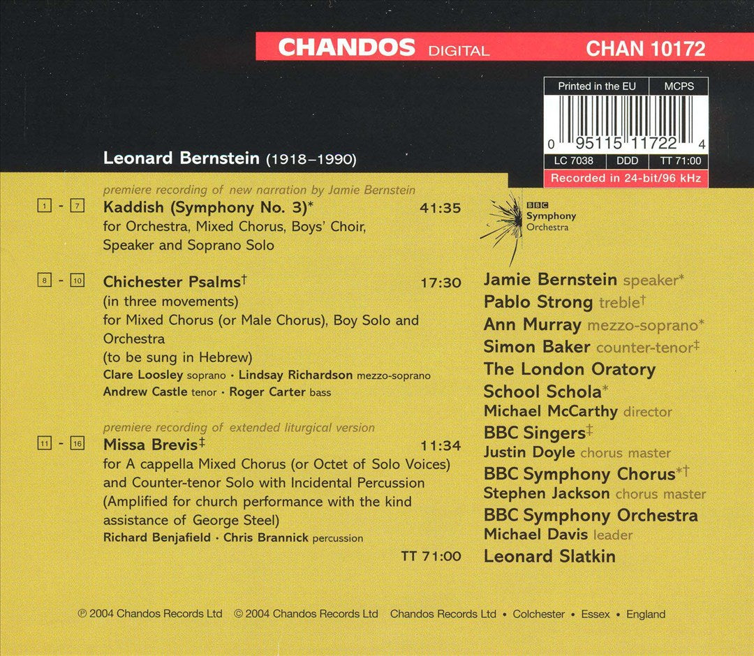 Leonard Bernstein: Kaddish; Chichester Psalms; Missa Brevis cover art