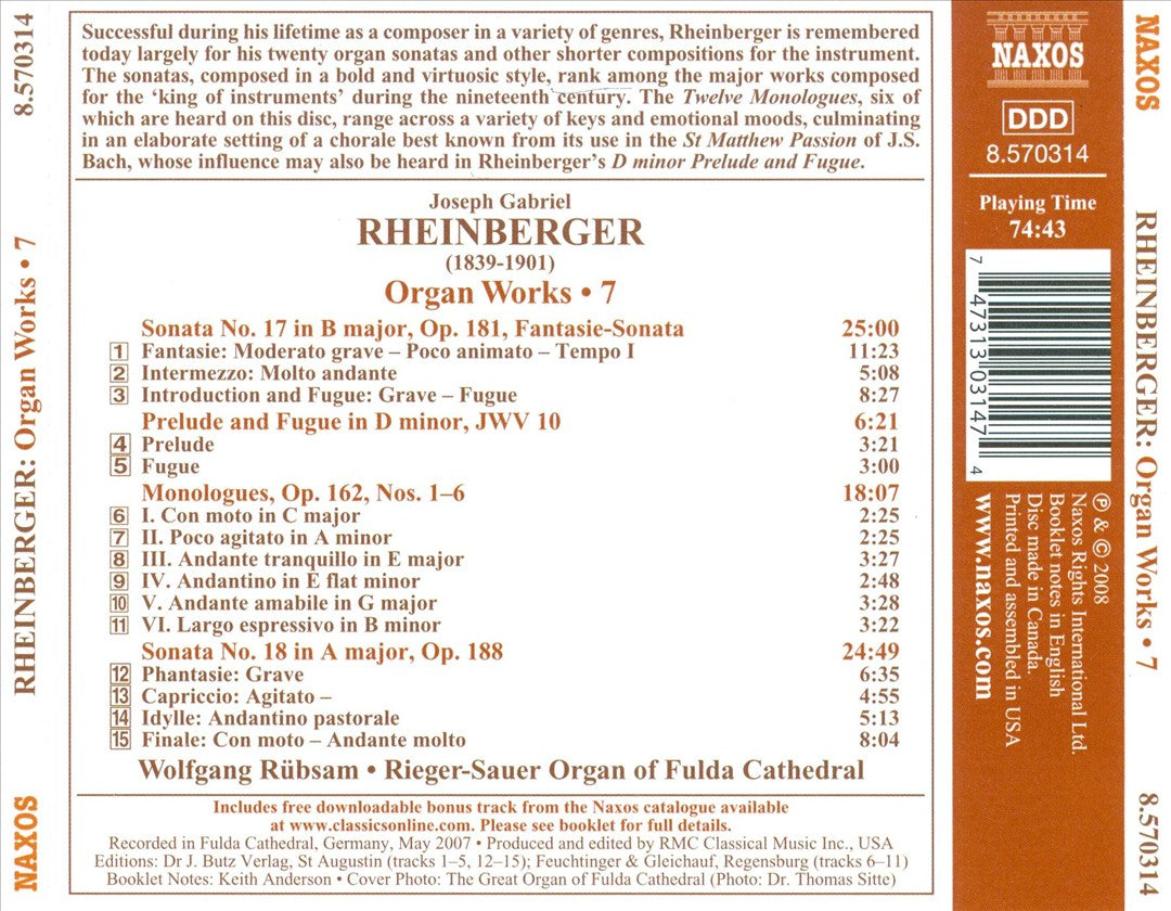 Joseph Gabriel Rheinberger: Organ Works, Vol. 7 cover art