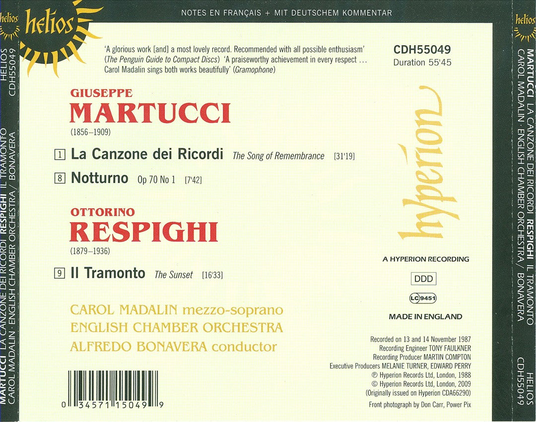 Martucci: La Canzone dei Ricordi; Notturno; Respighi: Il Tramonto cover art