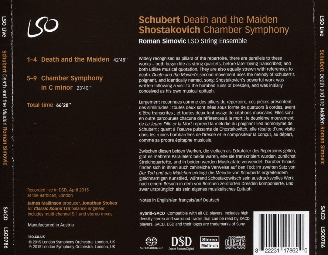 Schubert arr. Mahler: Death and the Maiden; Shostakovich orch. Barshai: Chamber Symphony in C minor cover art