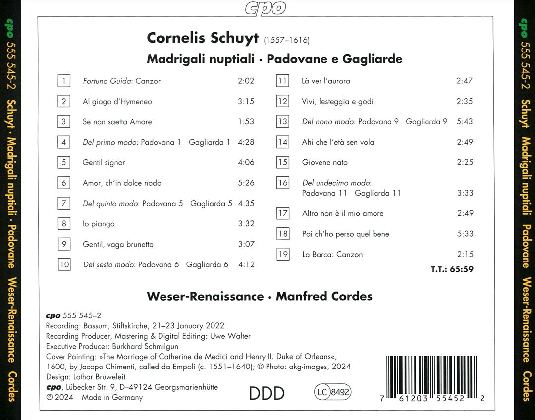 Cornelis Schuyt: Madrigali nuptiali; Padovane e Gagliarde cover art