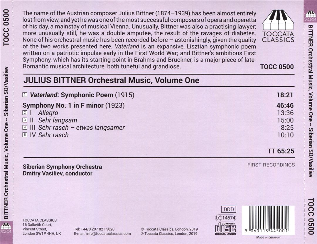Julius Bittner: Orchestral Music, Vol. 1 cover art
