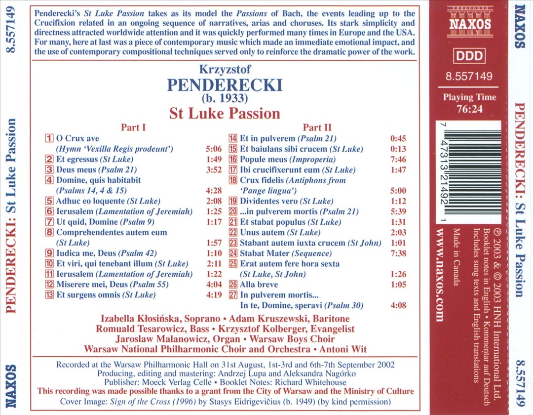Krzysztof Penderecki: St Luke Passion cover art